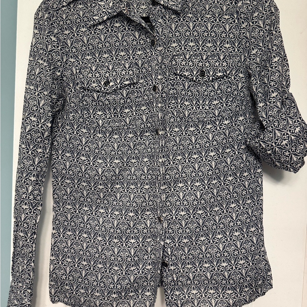 Blue and White Patterned Long Sleeve Shirt